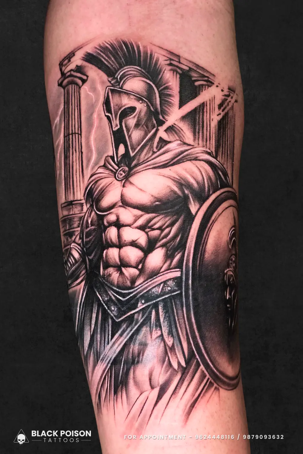 Black and grey realistic Spartan warrior tattoo with Greek columns and lightning done at Black Poison Tattoo Studio in Ahmedabad.