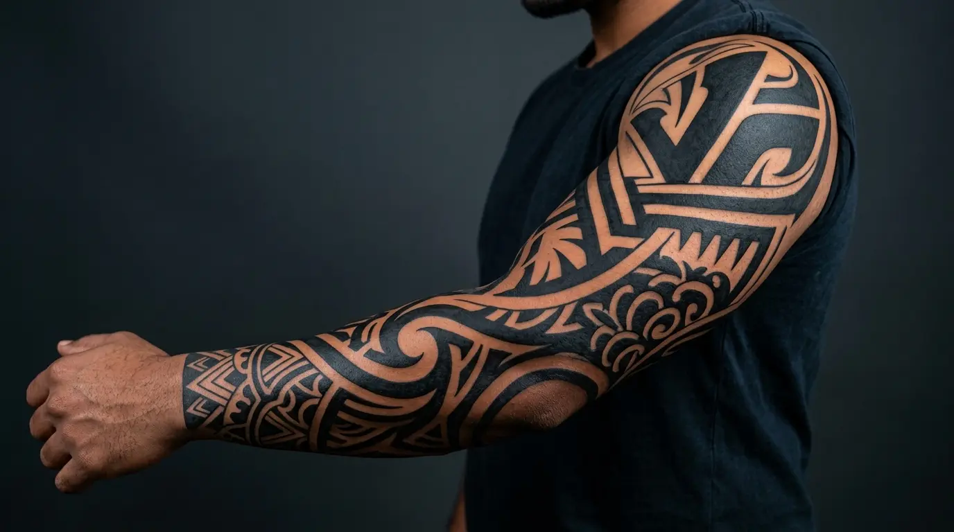 Bold neo-tribal blackwork sleeve tattoo on forearm and bicep with solid black fills by Black Poison Tattoo Studio Ahmedabad