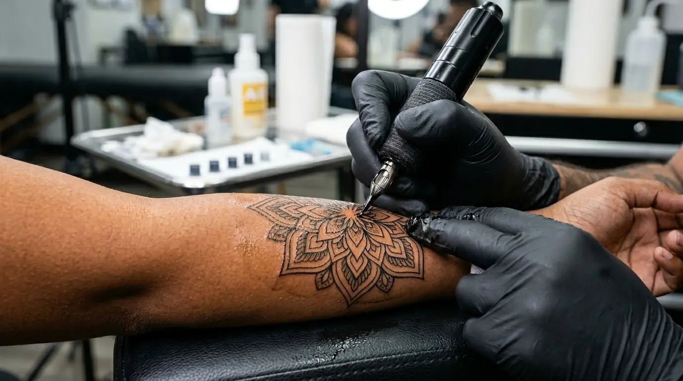 Professional tattoo artist applying precise black linework on a client's forearm at Black Poison Tattoo Studio in Ahmedabad