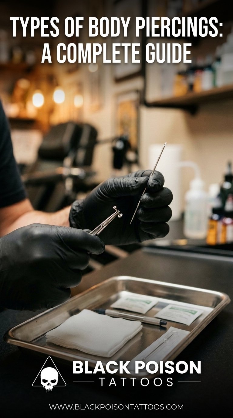 Piercer preparing sterile jewelry and needle for a body piercing at Black Poison Tattoo Studio