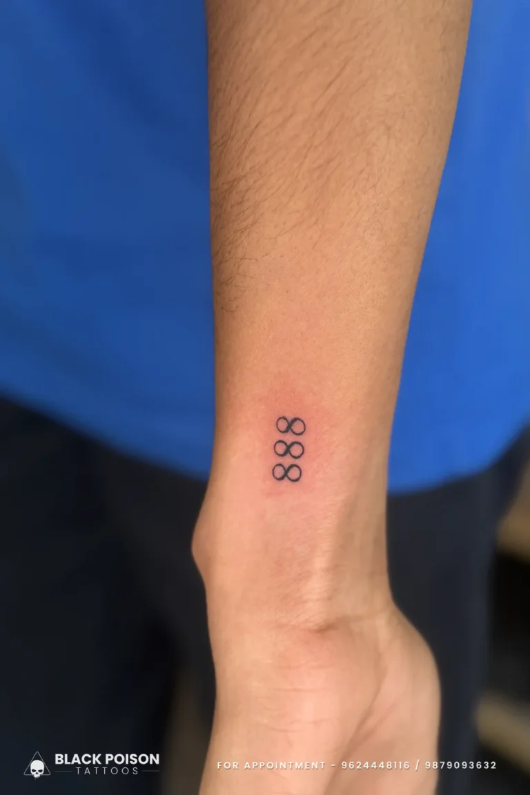Tiny black 888 angel number tattoo in thin rounded numerals on the inner wrist at Black Poison Tattoo Studio, Ahmedabad