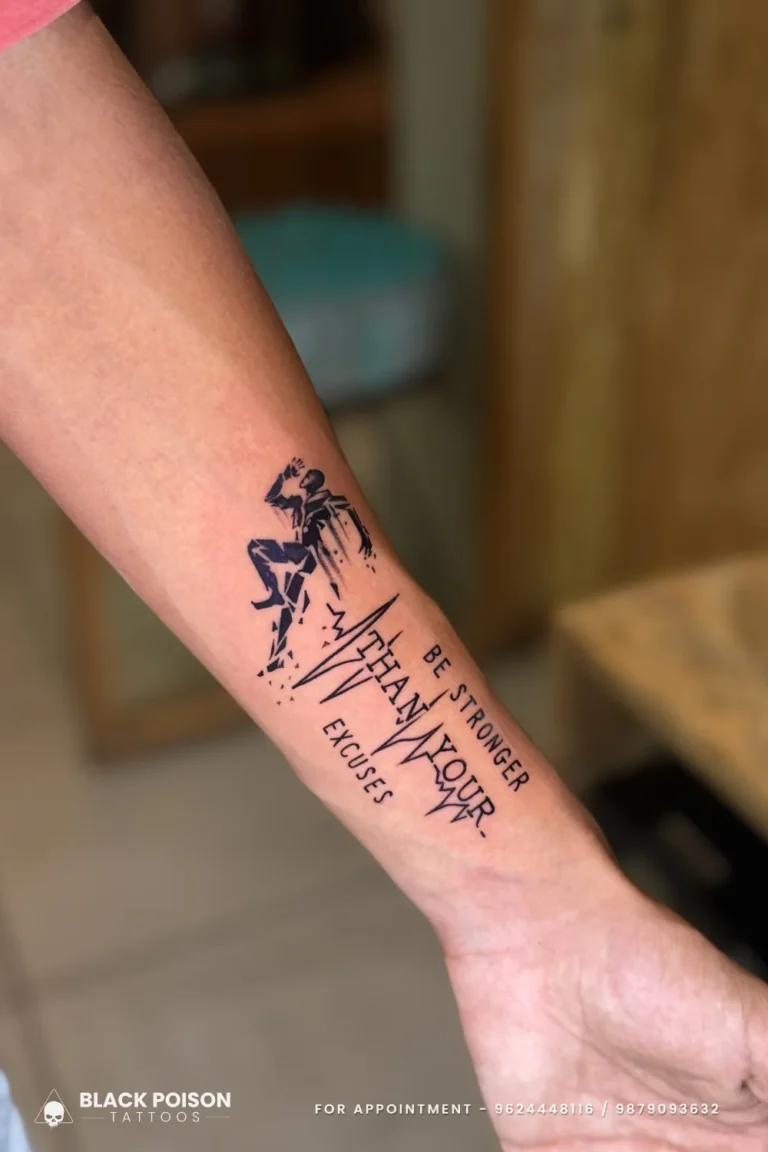 Sketch-style sprinter tattoo with be stronger than your excuses lettering and a pulse line on the inner forearm