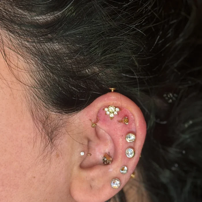Curated ear with a forward helix crown cluster, tragus stud and crystal lobe studs at Black Poison Tattoo Studio, Ahmedabad