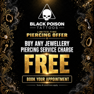Free piercing offer at Black Poison Tattoo Studio Ahmedabad, buy any jewellery and the piercing service charge is free