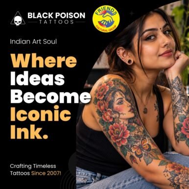 Black Poison Tattoo Studio and Friends Cultural Group Navratri 2026 gift voucher graphic with the tagline Where Ideas Become Iconic Ink, showing a woman with a colourful floral sleeve tattoo