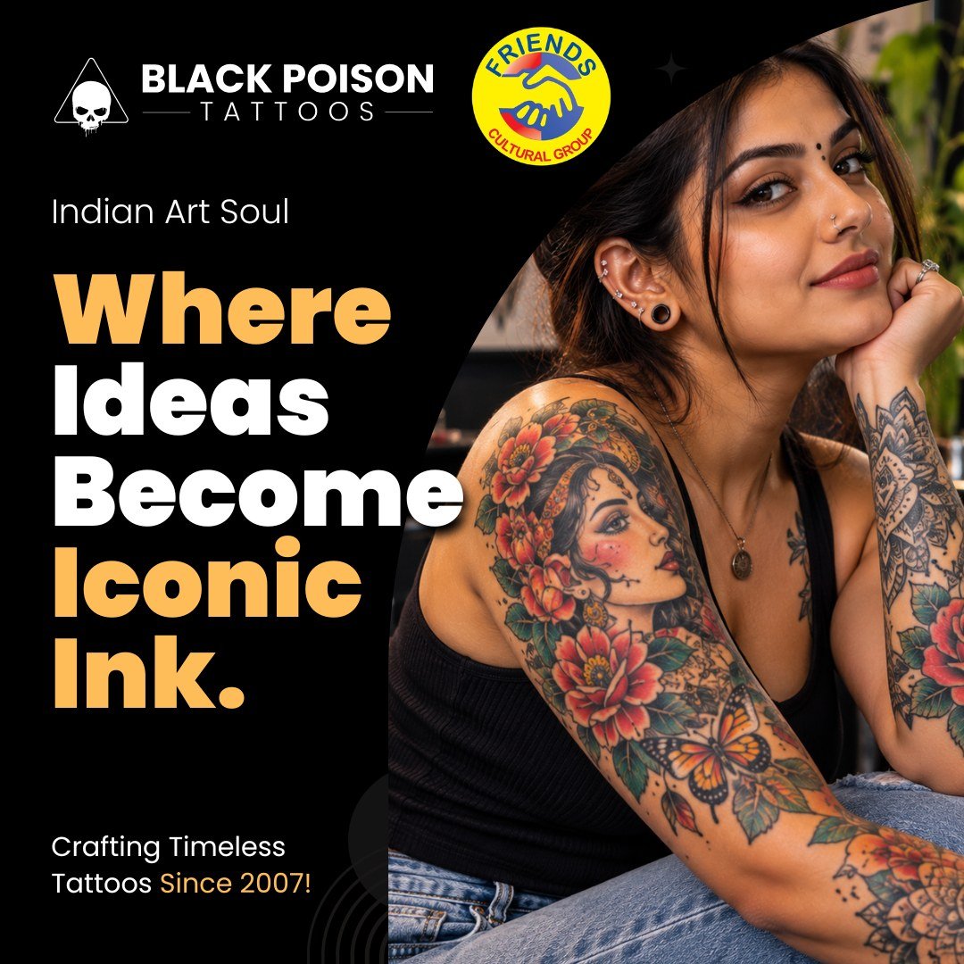 Black Poison Tattoo Studio and Friends Cultural Group Navratri 2026 gift voucher graphic with the tagline Where Ideas Become Iconic Ink, showing a woman with a colourful floral sleeve tattoo