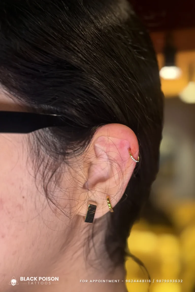 Fresh helix piercing with a slim gold jewelled ring above two gold lobe hoops at Black Poison Tattoo Studio, Ahmedabad