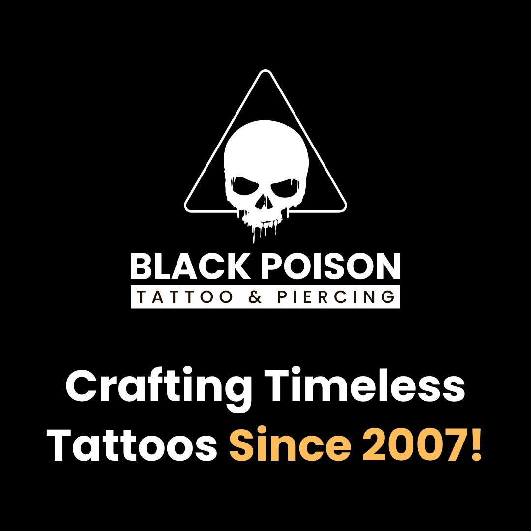 Black Poison Tattoo and Piercing skull logo with the line Crafting Timeless Tattoos Since 2007 on a black background, Navratri 2026 gift voucher redemption graphic