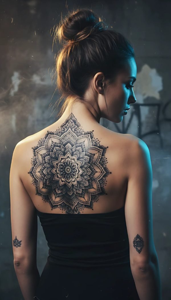 Woman with a detailed mandala tattoo covering her upper back and shoulders